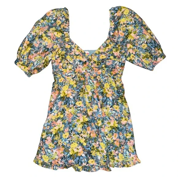 Buddy Love Poppy-3 Floral Mini Dress Blue Yellow Puff Sleeve Smocked Medium Y2 - Picture 3 of 8